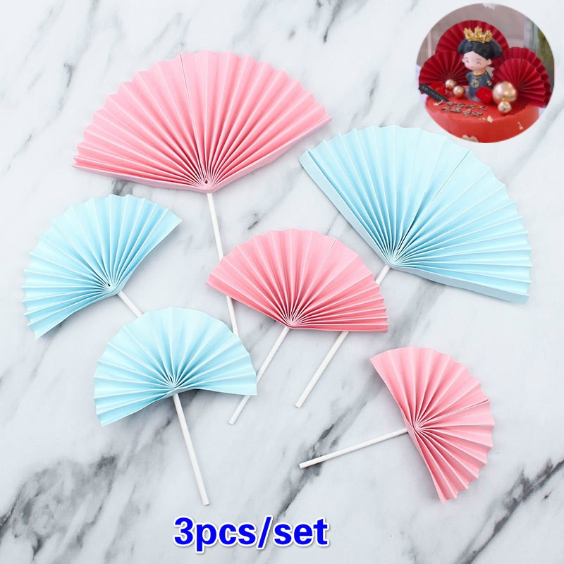 3pcs/set Chinese Style Paper Fan Cake Topper Cupcake Dessert Picks Baking Decals