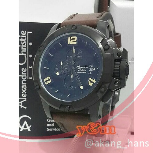 Jam Pria Kantoran ALEXANDRE CHRISTIE AC 6295 PRIA FULL BLACK LEATHER BROWN ORI