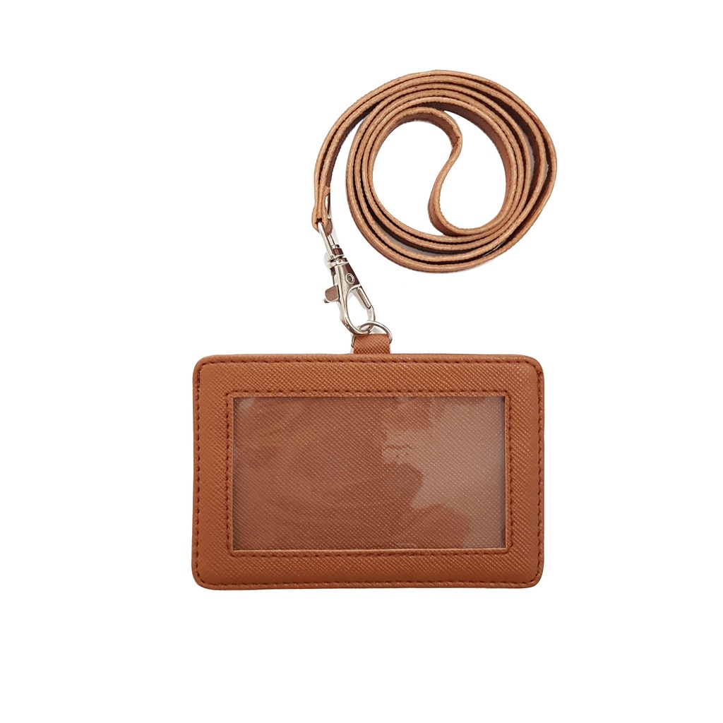 

Name Tag Horizontal Coklat Kulit Lanyard Landscape PU Leather ID Card Holder Horisontal