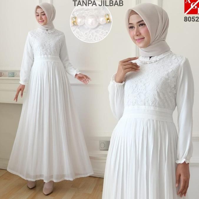 AGNES Baju Gamis Wanita Gamis Brukat Gamis Putih Baju Muslim #80520