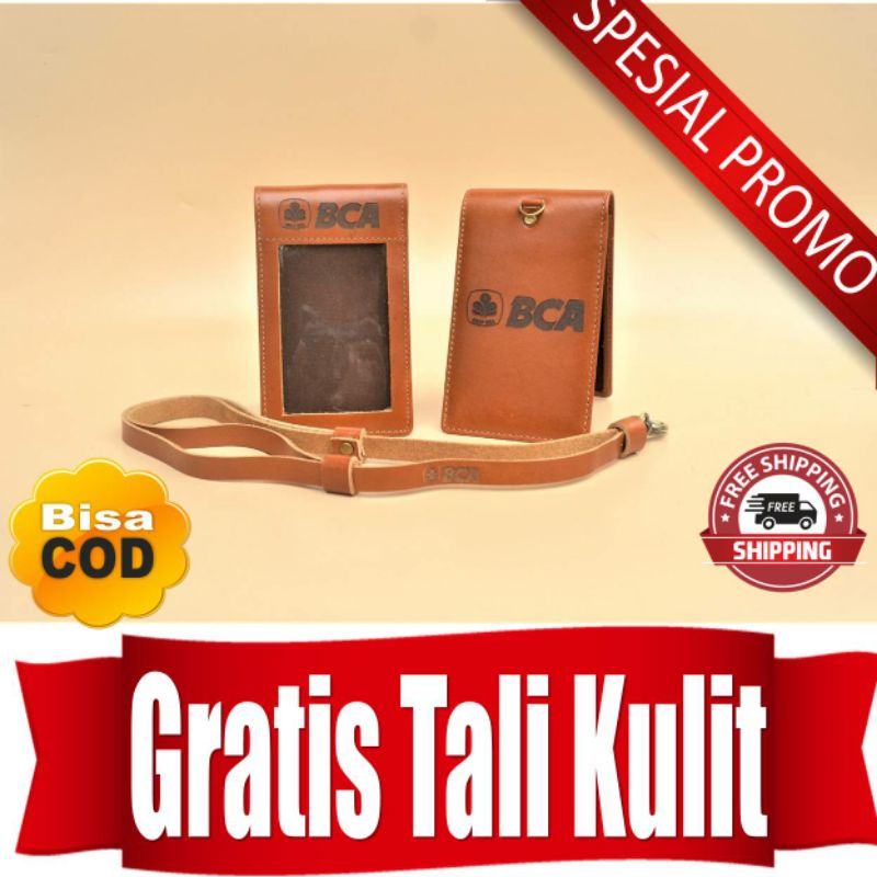 ID Card Holder Kulit Asli Logo BANK BCA free Tali Lanyard Kulit