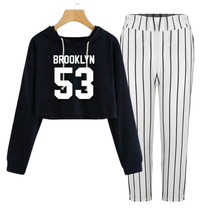 BESS - Baju Setelan Wanita Murah / Setelan Hoodie Crop + Celana Salur Hitam - BROOKLYN