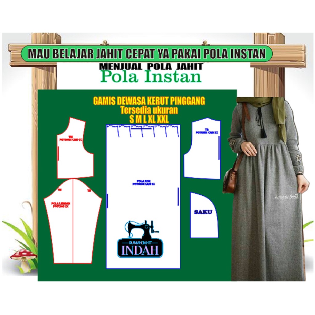 Pola Gamis Dewasa Kerut Pinggang Pola Instan Pola Siap Pakai