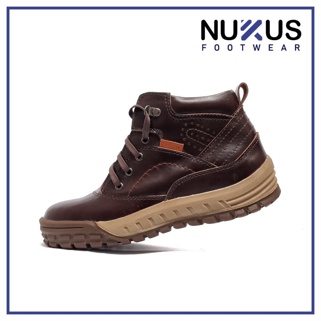 Nukus Sepatu Pria Boots Tali Kulit Sapi Asli Coklat Tua - DR TL