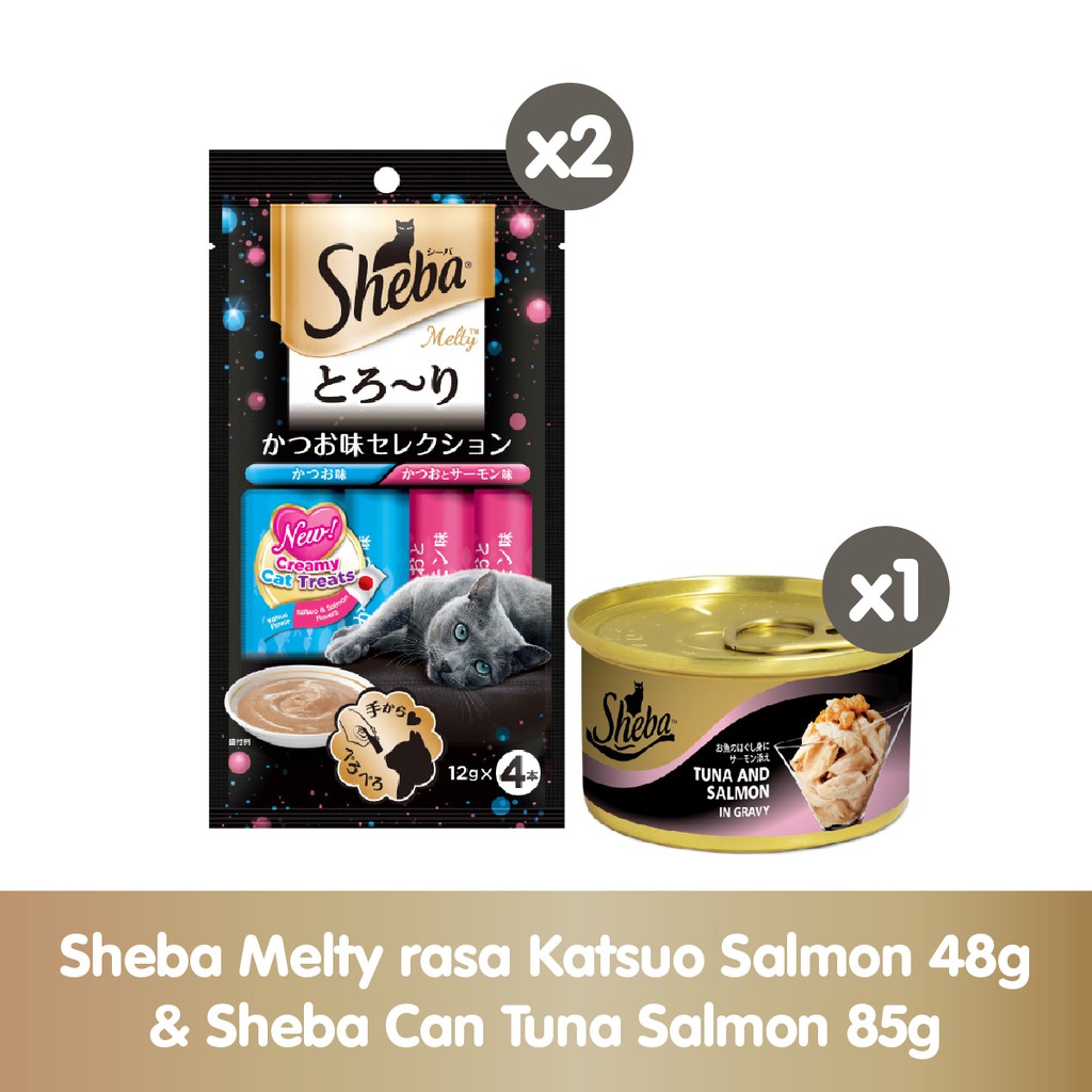 Sheba Melty Snack Kucing Basah rasa Katsuo Salmon 48g (2pcs) & Sheba Can Tuna Salmon 85g (1pc)