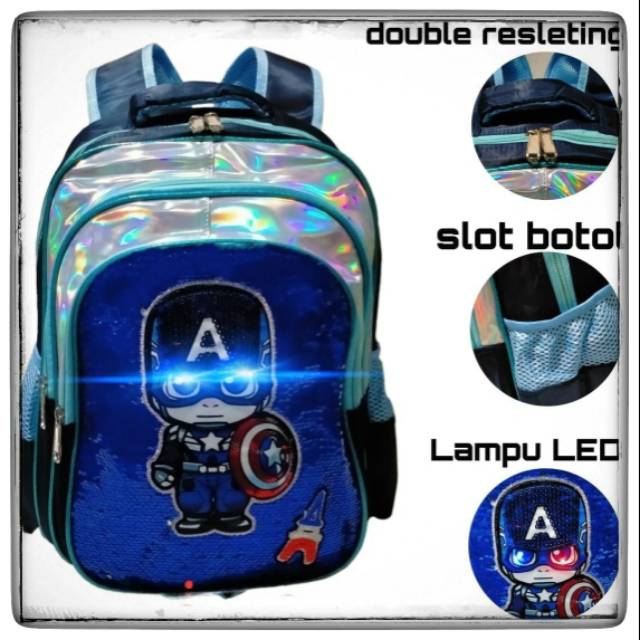 tas anak laki laki ransel import karakter terbaru superhero Led -kapten amerika