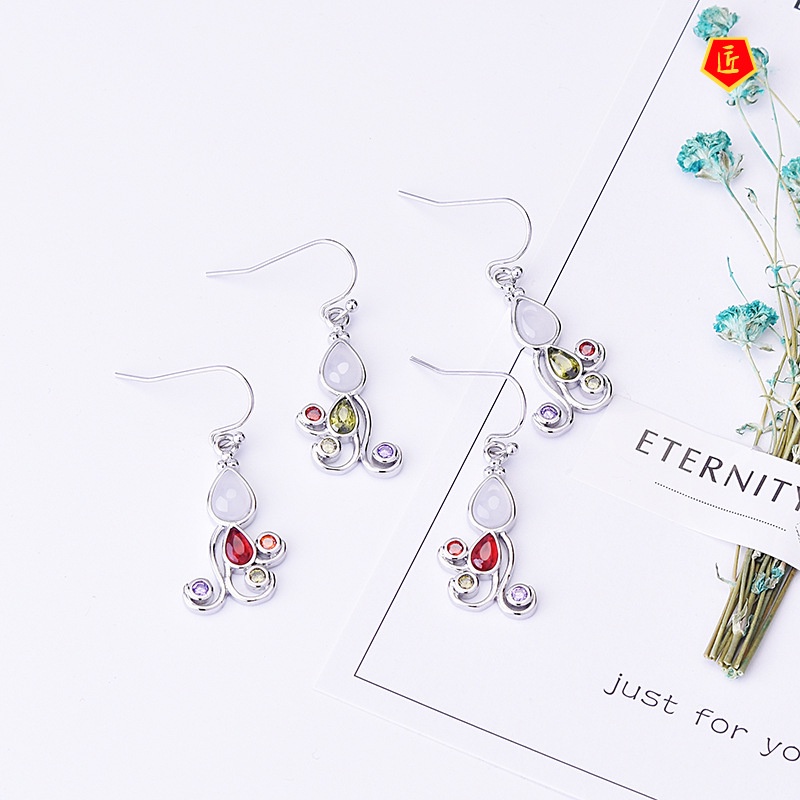 [Ready Stock]925 Silver Moonstone Earrings Colorful Gems Fashion Elegant