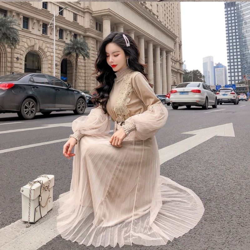 Dress Bludru lengan balon panjang import wanita terbaru dress lengan panjang renda bludru import