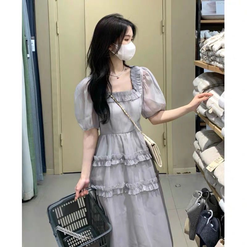 [MikanHiro Store]French puff sleeves square neck dress women's summer new gray high waist cover the flesh in the long section girly