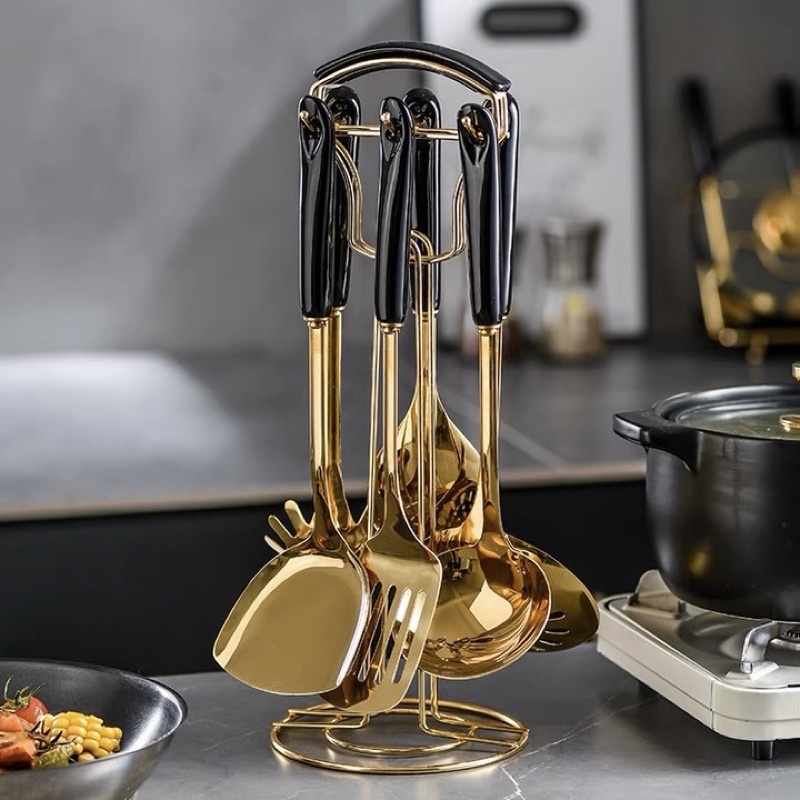Adele Kitchen Tools Gold 7in1 set / alat masak emas mewah / spatula set-Black Gold
