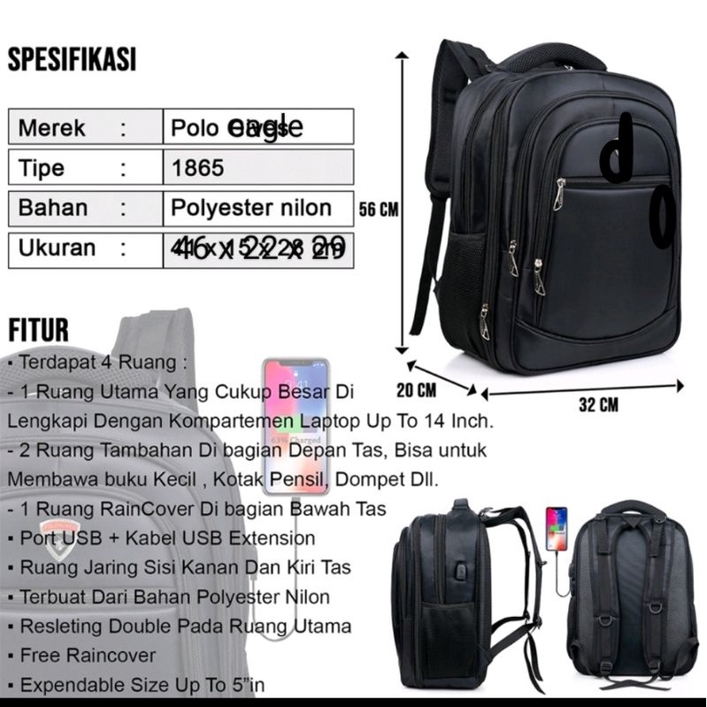 (import) Tas ransel POLO EAGLE 18in Expanding Free raincover+USB