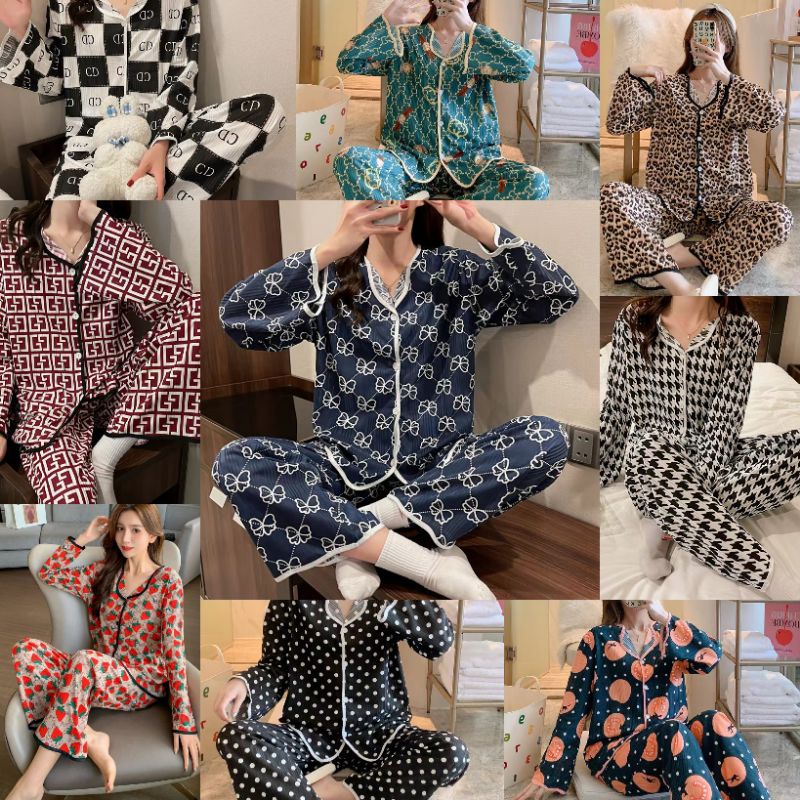 RULIF Baju tidur wanita krah kancing / Piyama lengan panjang krah serat import premium