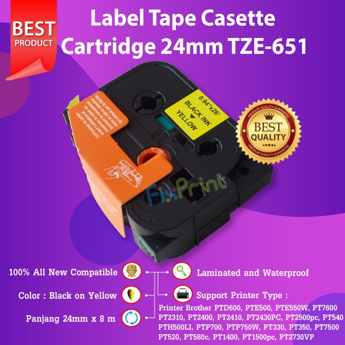 Label Tape TZE-651 24MM Black On Yellow Brother PTE800T E850TKW P710BT Printer Brother PTD600, PTE500, PTE550W, PTH500LI, PTP700, PTP750W, PT330, PT350, PT520, PT540, PT580c, PT1400, PT1500pc, PT1600, PT1650, PT2200, PT2210, PT2300, PT2310, PT2400, PT2410