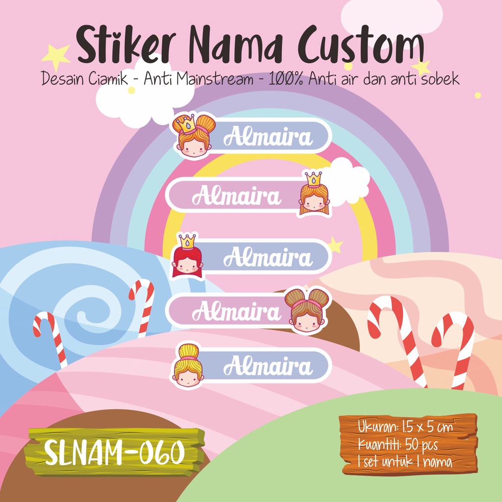 

sticker label nama anak kartun girl cute princes muslimah SLNAM 060