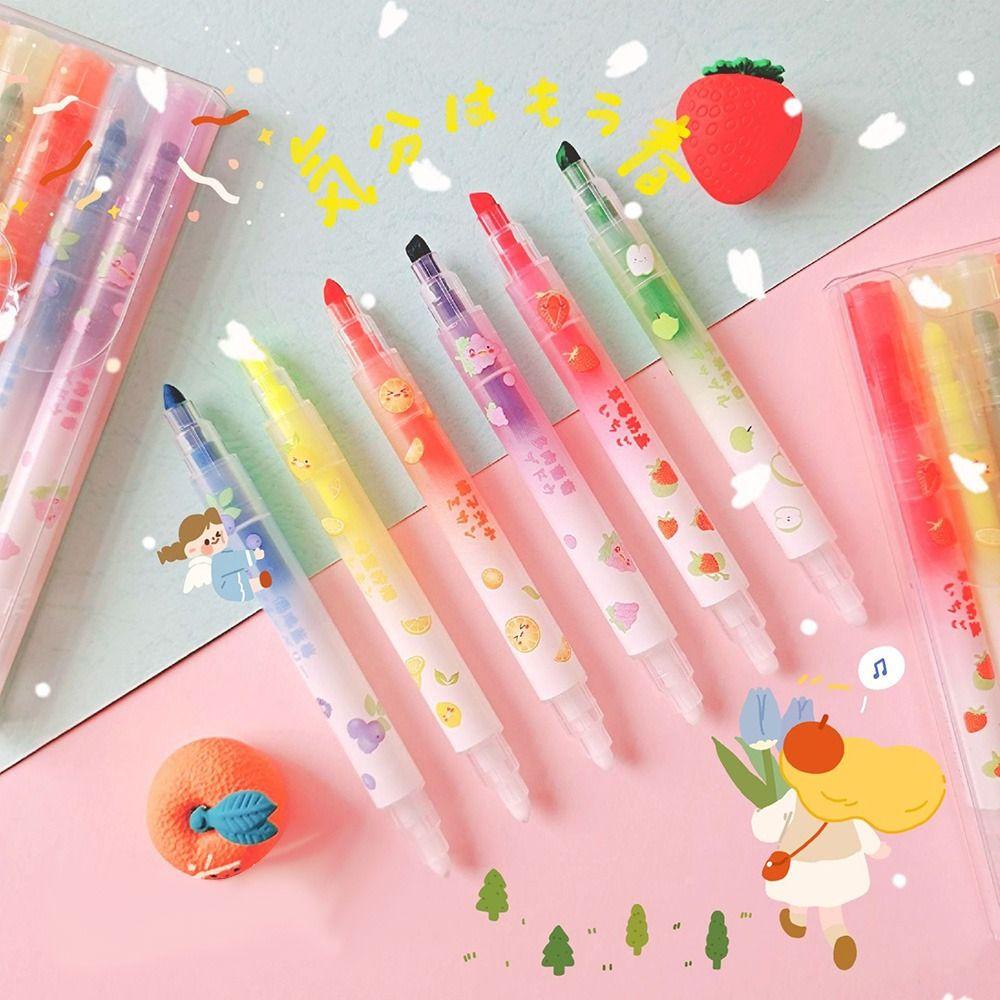 PINEAPPLE Nanas 6PCS /Set Stabilo Pen Set Good-looking Permen Warna Graffiti Dihapus Alat Tulis Pena Warna Kepala Ganda