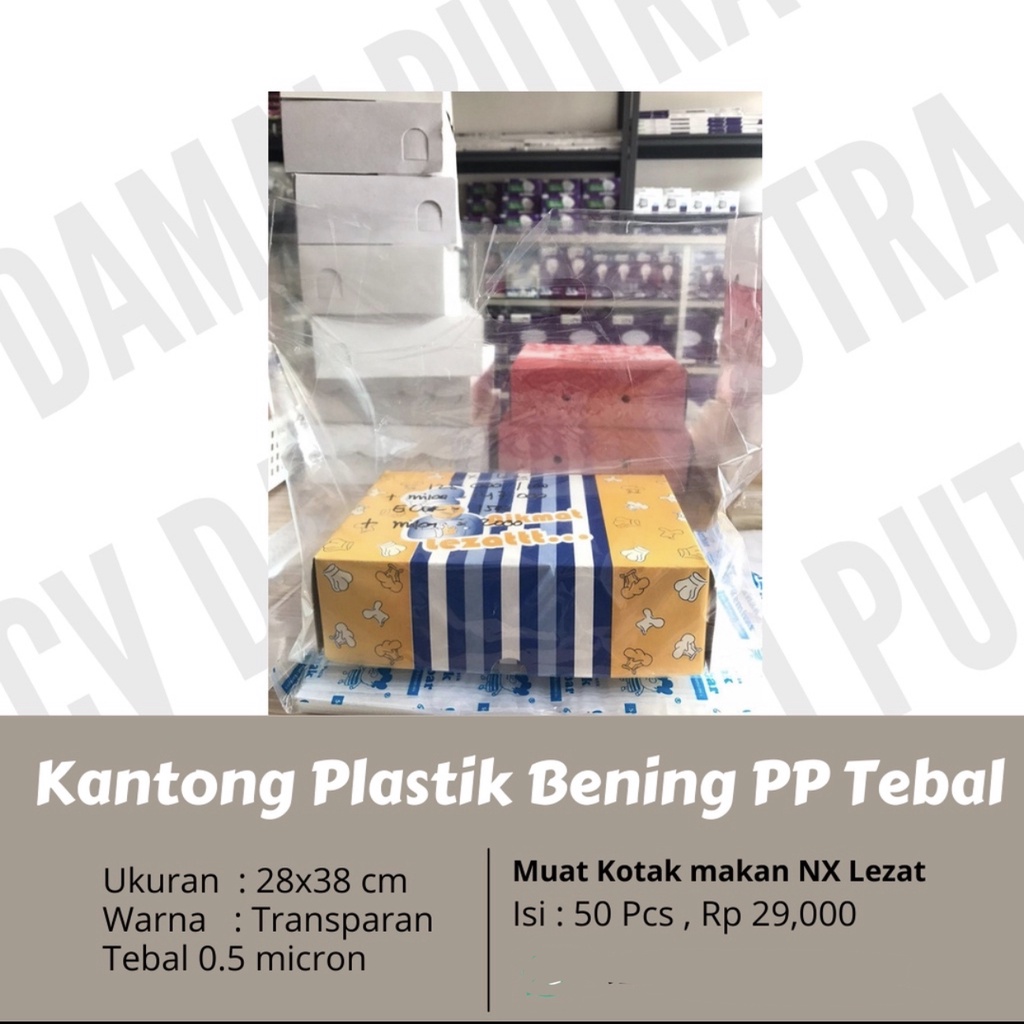 

Kantong Plastik Bening PP plong Tebal 28x38 / PP plong Kresek Bening / Plastik Tepak Makan / Plastik Container / Plastik Makanan Isi 50 lbr