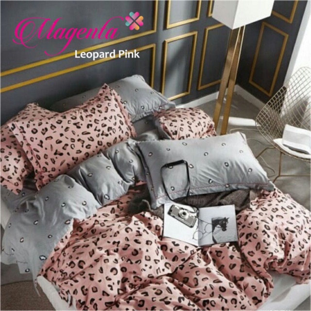 Sprei Katun Lokal CVC Magenta Motif Leopard Putih Pink Abu
