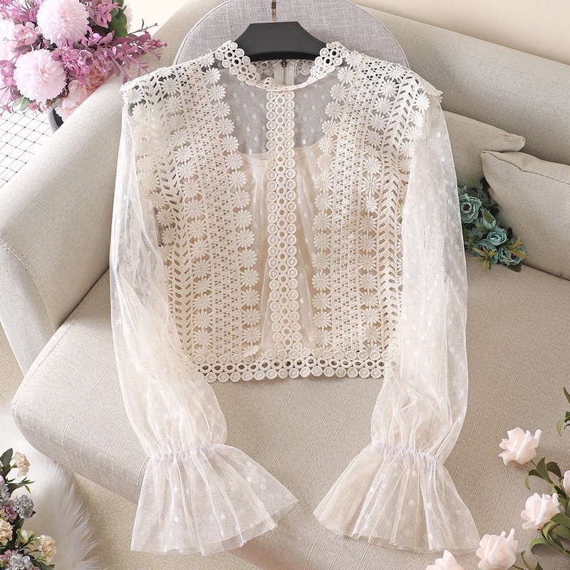 Blouse Crop Top Lace Brokat Apricot