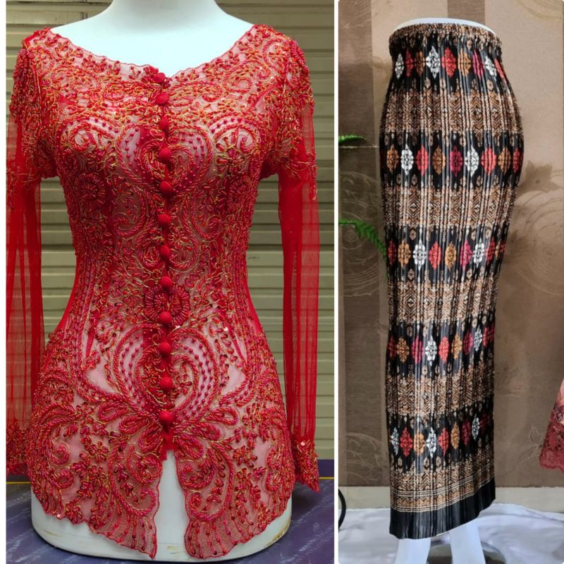 SETELAN KEBAYA PESTA WANITA MEWAH TILE PAYET BOUGENVILE TANGAN PANJANG +KAMISOL +ROK LILIT SIZE S-XL