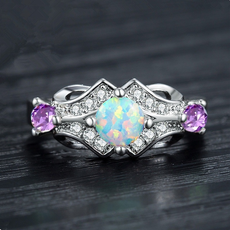 New Fashion Simple Opal Ring European and American Inlaid Zircon Ring