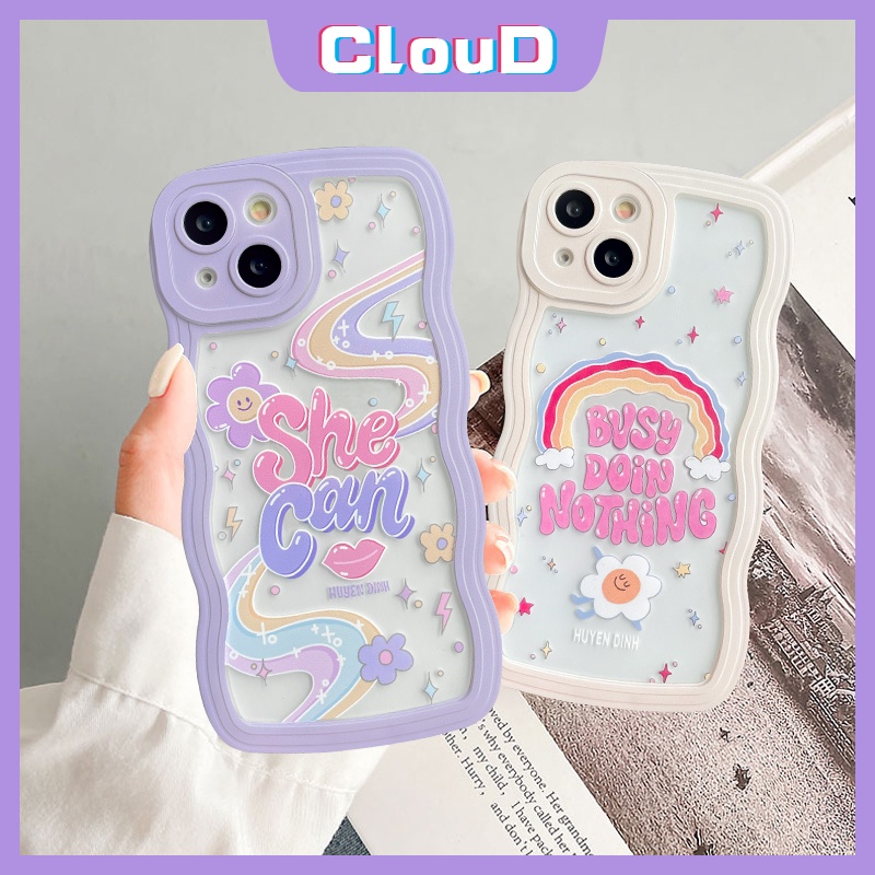 Wavy Edge Case Realme C33 C21Y C11 C12 C35 C30 C25Y C25s C25 C17 C20 C15 C20A C3 10 8 7 8pro 9 5i 6i C20A 5 5s C1 Pelangi Warna-Warni Lucu Bunga Huruf Inggris Lembut TPU Penutup Belakang