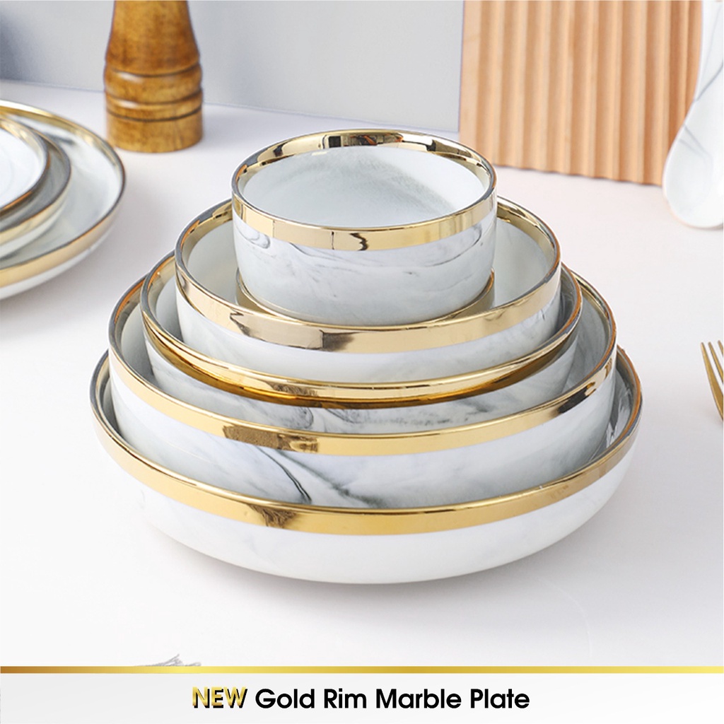 [SATUAN] NEW MODEL Piring Mangkok Makan Keramik Ceramic Bowl Cantik Motif Marmer Marbel Marble Plate Gold Rim