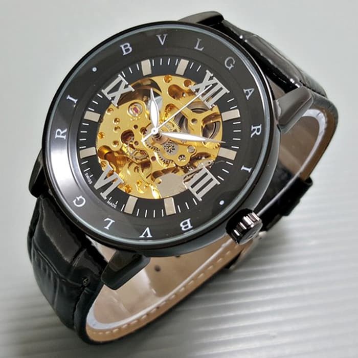 Jam Tangan Pria / Cowok Bvlgari Skeleton Romawi Leather Full Black