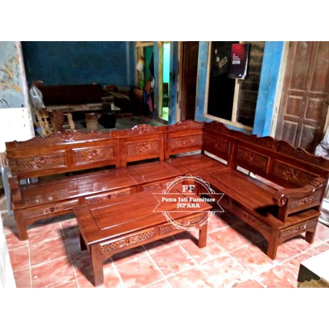 Furniture Mebel Jati Asli Jepara Kursi Ruang Tamu Kayu Jati Meja Kursi Sudut Ukir Murah Promo