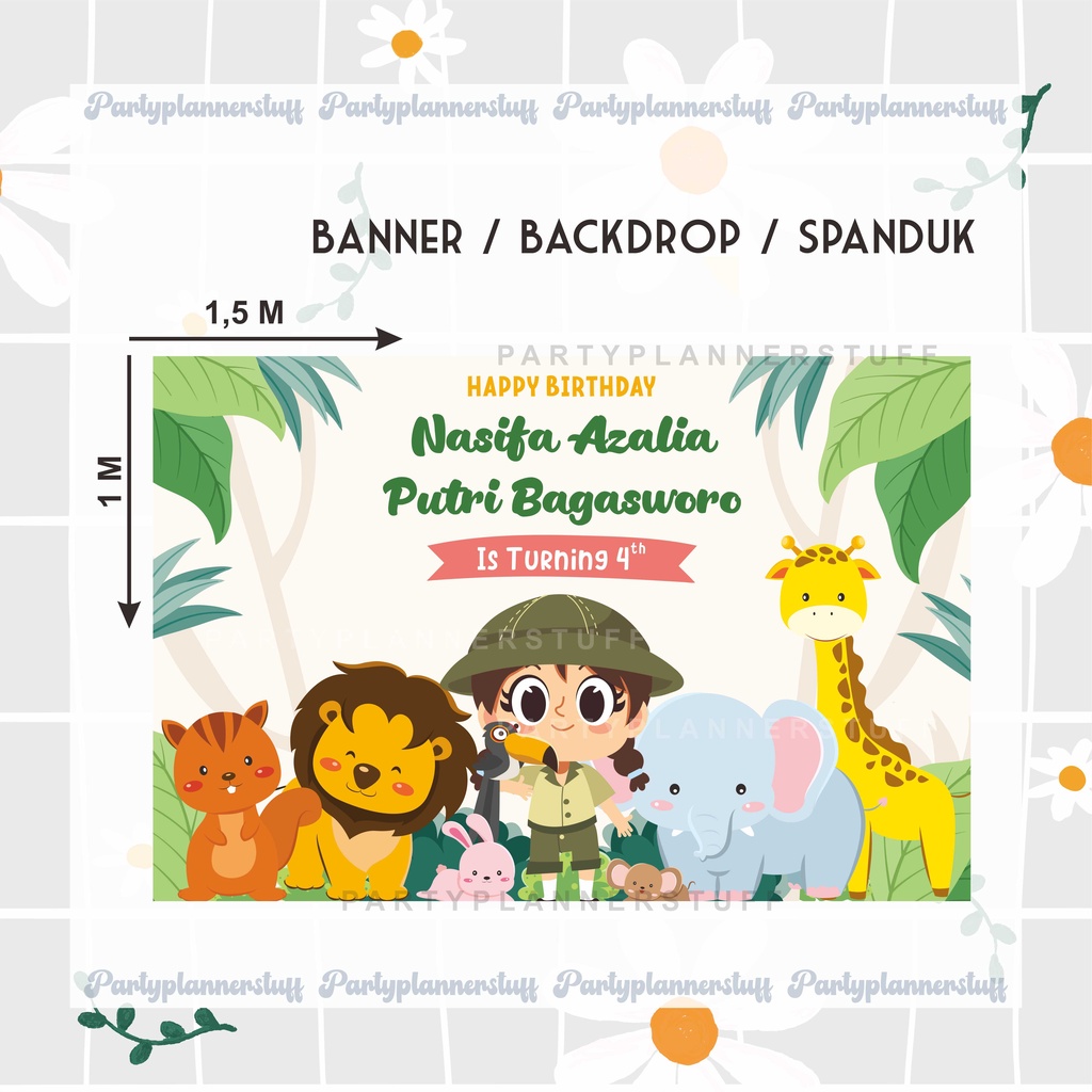 Banner backdrop spanduk ulang tahun anak cewek tema zoo animal wild party dekorasi ultah anak tema b