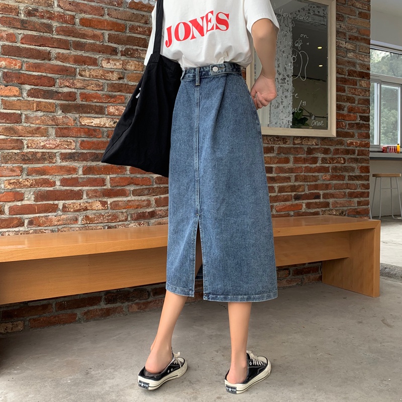 Rok denim split gaya Korea rok a-line wanita berpinggang tinggi sedang untuk menutupi rok pinggul selangkangan