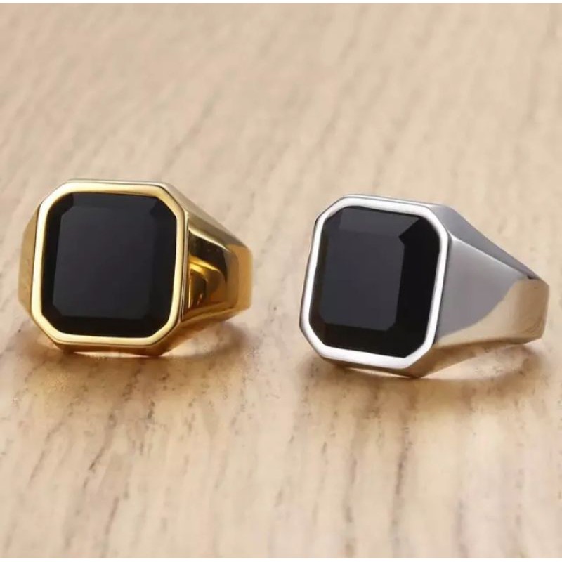 Cincin Titanium Pria Batu Black Onyx Asli stainlessteel