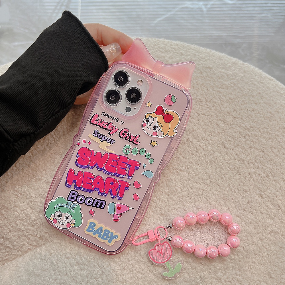 Ins Soft Case Silikon Transparan Motif Kartun Perempuan + Pita + Rantai Untuk Iphone XS XR 11 12 13 PRO MAX