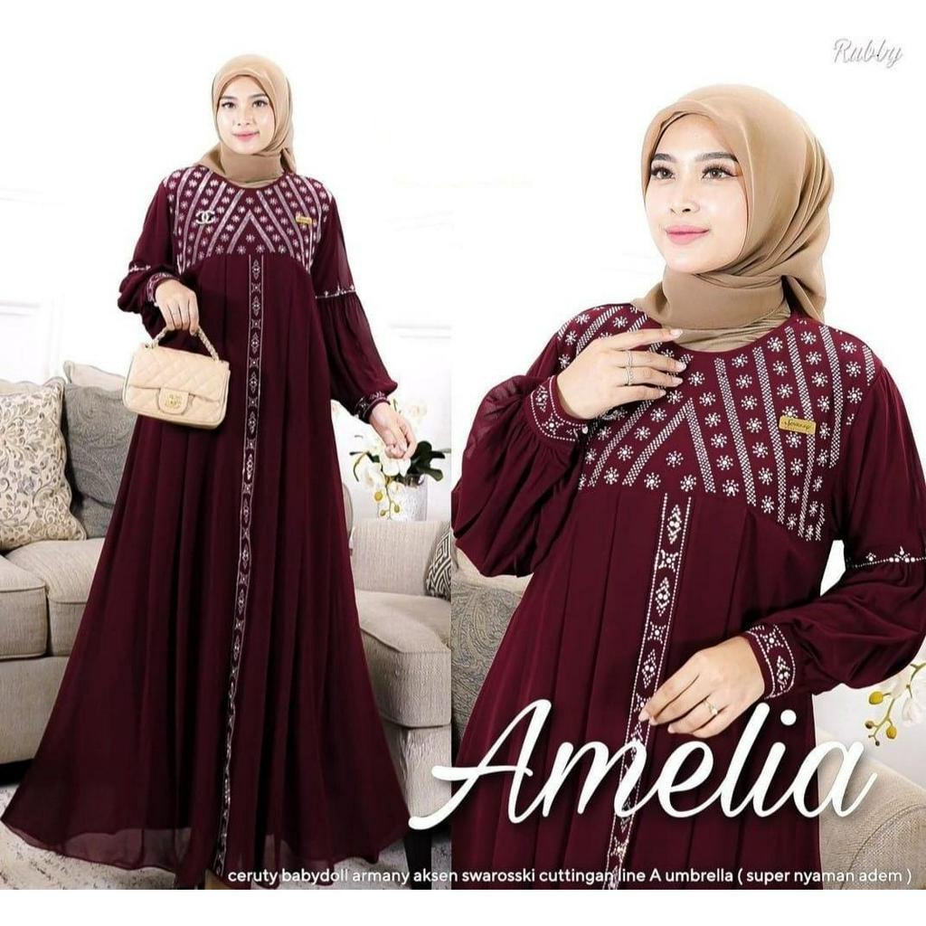 Baju Kondangan Wanita Kekinian Amelia Dress Gamis Dewasa Ceruty Babydoll Gamis Pesta Mewah Elegan