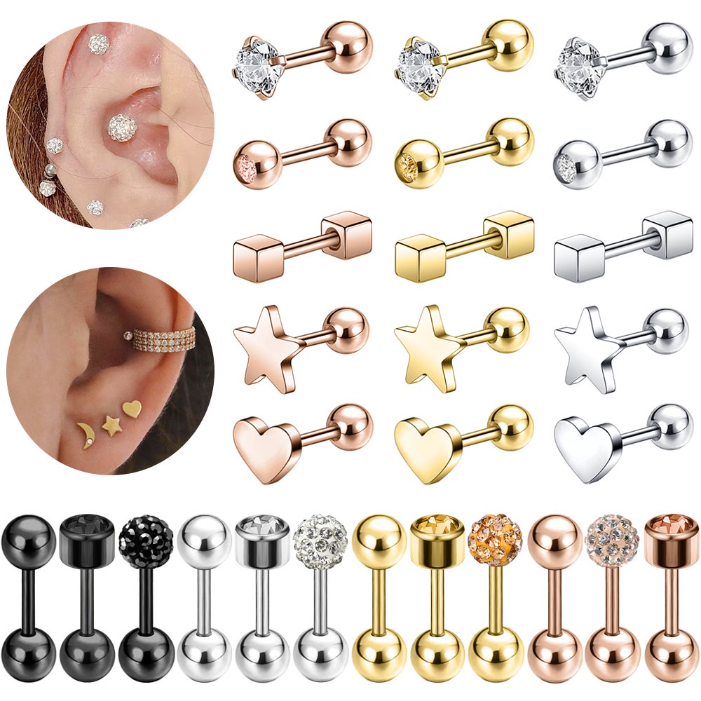 1 PC Anting Stud Desain Hati Bintang Bola Kristal Bahan Stainless Steel