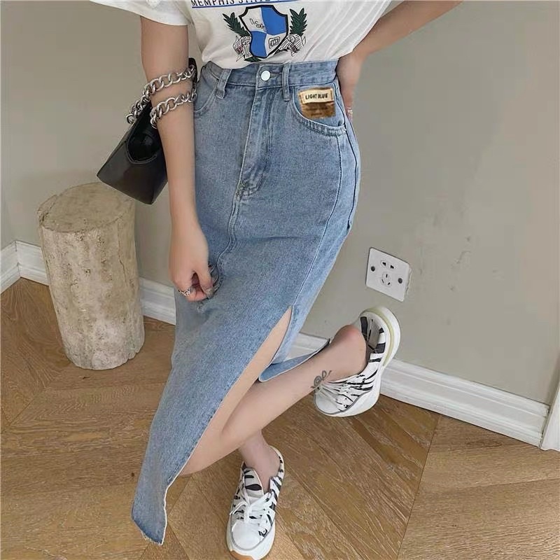 ROK HW PENCIL SPLIT DENIM SKIRT MIDI JEANS HIGHWAIST WANITA  MX534