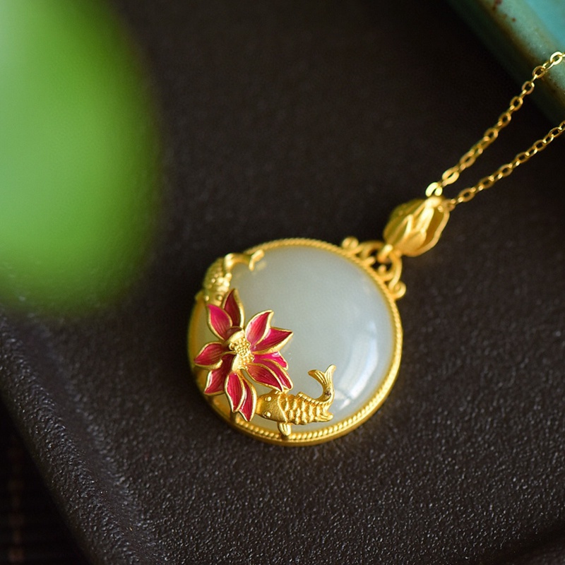 Chinese Style Enamel Color Lotus Flower Elegant Female Charm Hotan White Jade Stone Pendants Necklace Vintage Minorities Jewelry