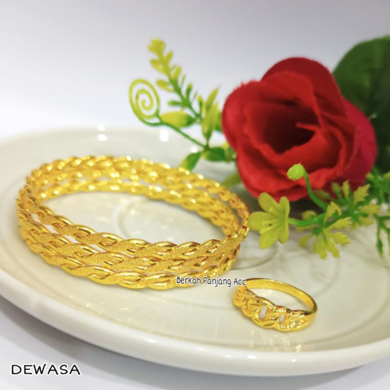 SET GELANG KRONCONG MOTIF+CINCIN RANTAI GOLD 24K ANTI KARAT