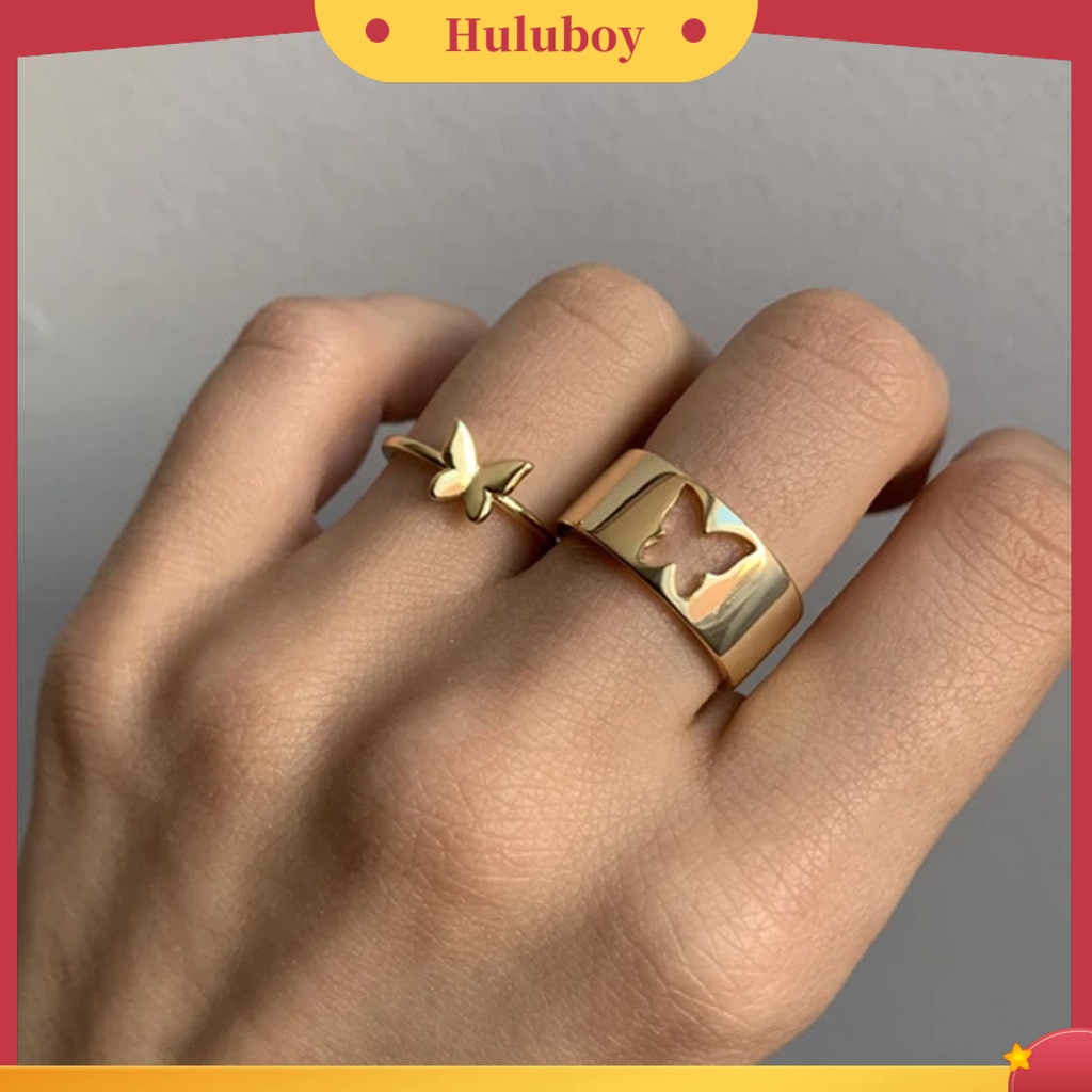 Hu Hu Hu Hu Hu Alat Bantu Pasang Kacamata♡ 2pcs / Set Cincin Model Butterfly Terbuka Bahan Alloy Untuk Pasangan