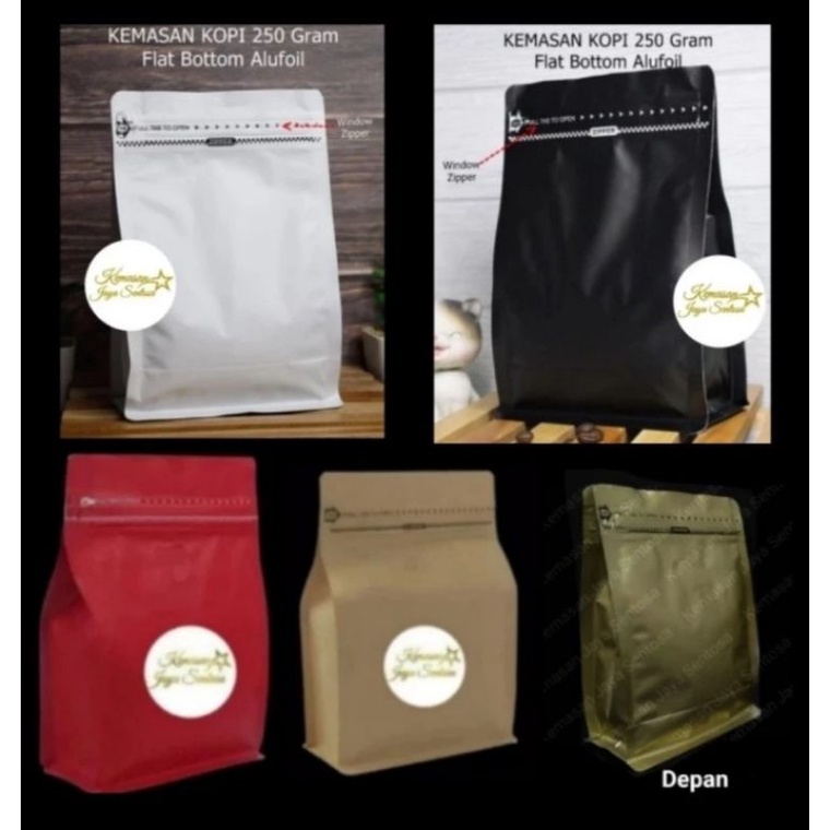 Flat Bottom Import 250 gr Zipper.kemasan kopi.flat bottom hitam putih gold merah kraft.standing pouc