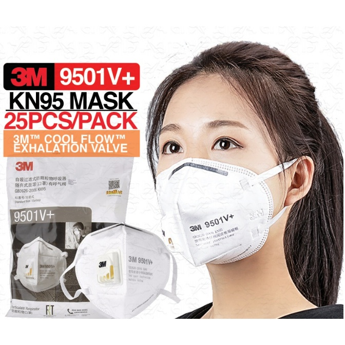 ORIGINAL!! 3M MASKER KN95 9501V+ N95 ORIGINAL 1 Pouch isi [25 Masker]