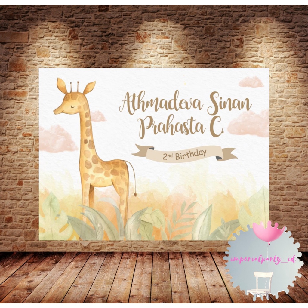 Custom Backdrop Banner Spanduk Happy Birthday Giraffe Jerapah Animal