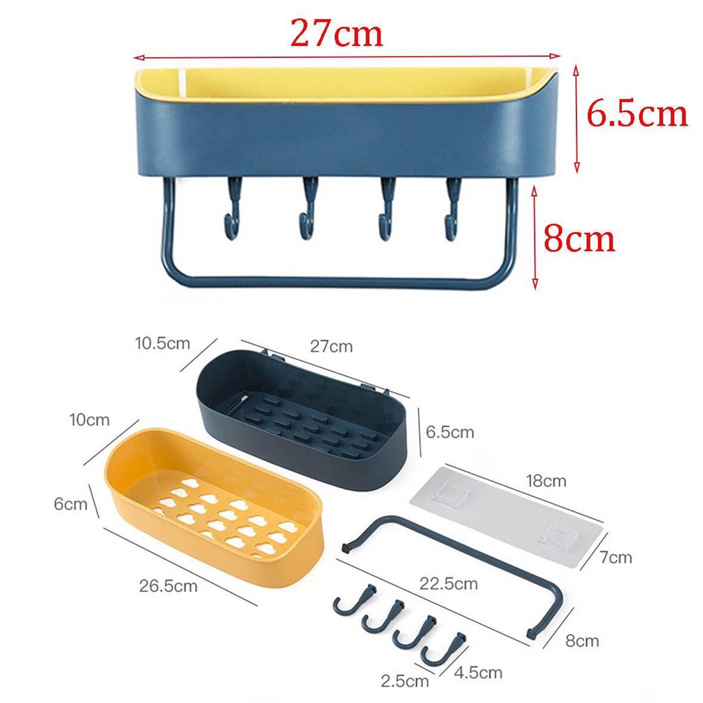 [Elegan] Rak Kamar Mandi Bahan PP Dual Color Penyimpanan Dapur Dinding Dengan Kait Bantalan Kuat Shower Storage Basket