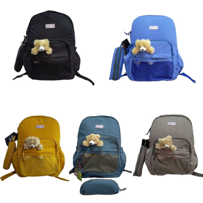 Tas ransel korea backpack anak perempuan boneka bear jaring alto girl original free rain cover  dan dompet pensil