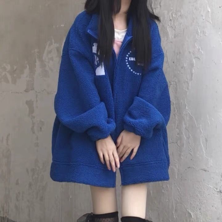 Suhao Jaket Bisbol Klein Biru Imitasi Domba Beludru Mantel Tebal Wanita Amerika Amerika Retro Longga