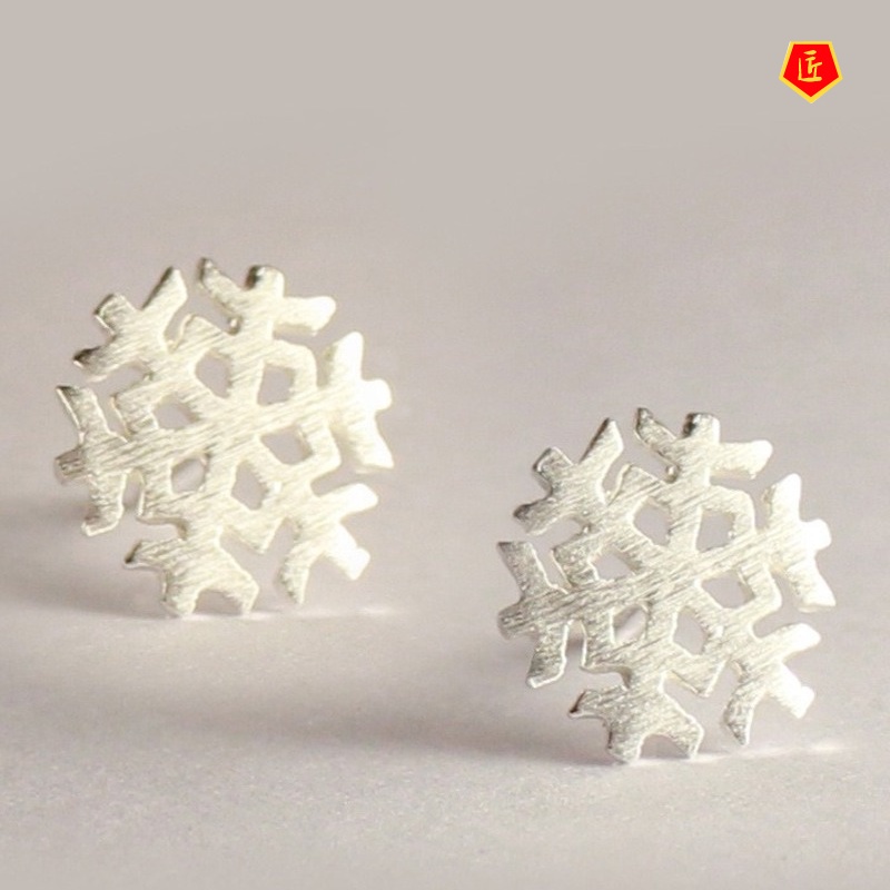 [Ready Stock]Snowflake Brushed Silver Stud Earrings Fashion