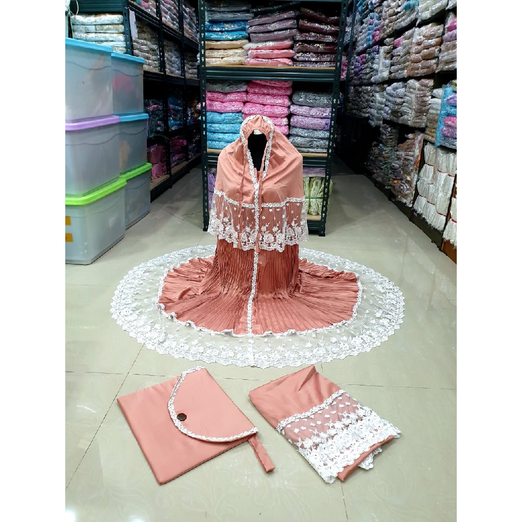 mukena prada plisket renda tile | warna peach salem | mukena terbaru | sutra velvet