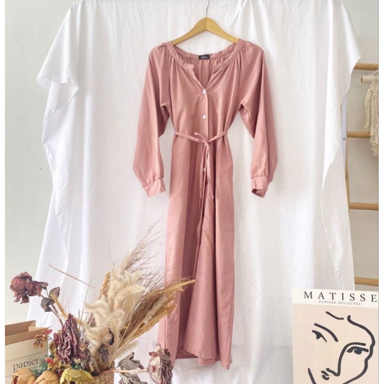 Sydney Dress Pakaian Wanita Korean Style Midi Dress Linen Rami Angel