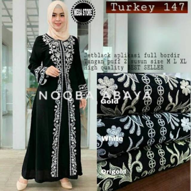 #     NOQBA Abaya Bordir Putih Turki 147 Hitam     #