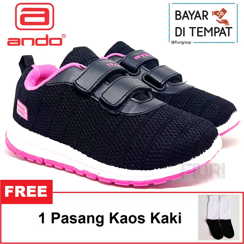 FIURI - ANDO ORIGINAL -  REBECCA PEREKAT 29-36 HITAM PINK - SEPATU SNEAKERS KANVAS SOL KARET ANAK KECIL PEREMPUAN  - SEPATU KETS LUCU FASHION TRENDY - SEPATU SEKOLAH PAUD TK SD KRETEKAN PEREKAT CEWEK MURAH PROMO DISKON BONUS KAOS KAKI