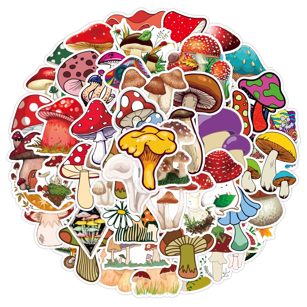 50 Pieces Colorful Mushroom Design Waterproof Laptop Decoration Stickers